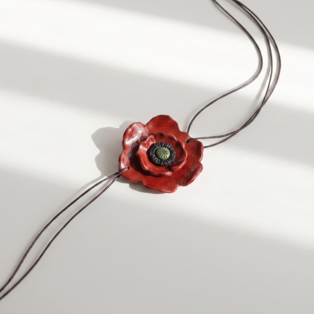 Red flower choker chord necklace