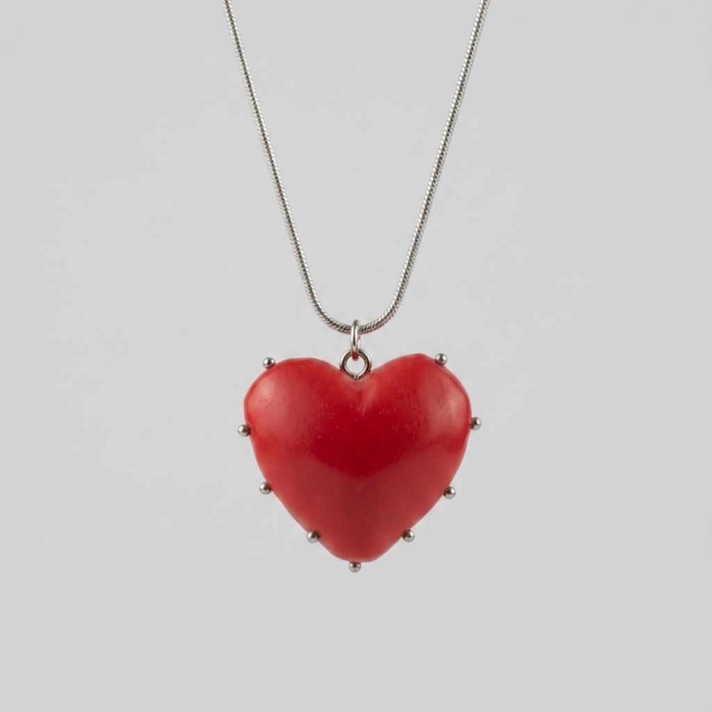 Red heart-shaped pendant on a chain against a light gray background
